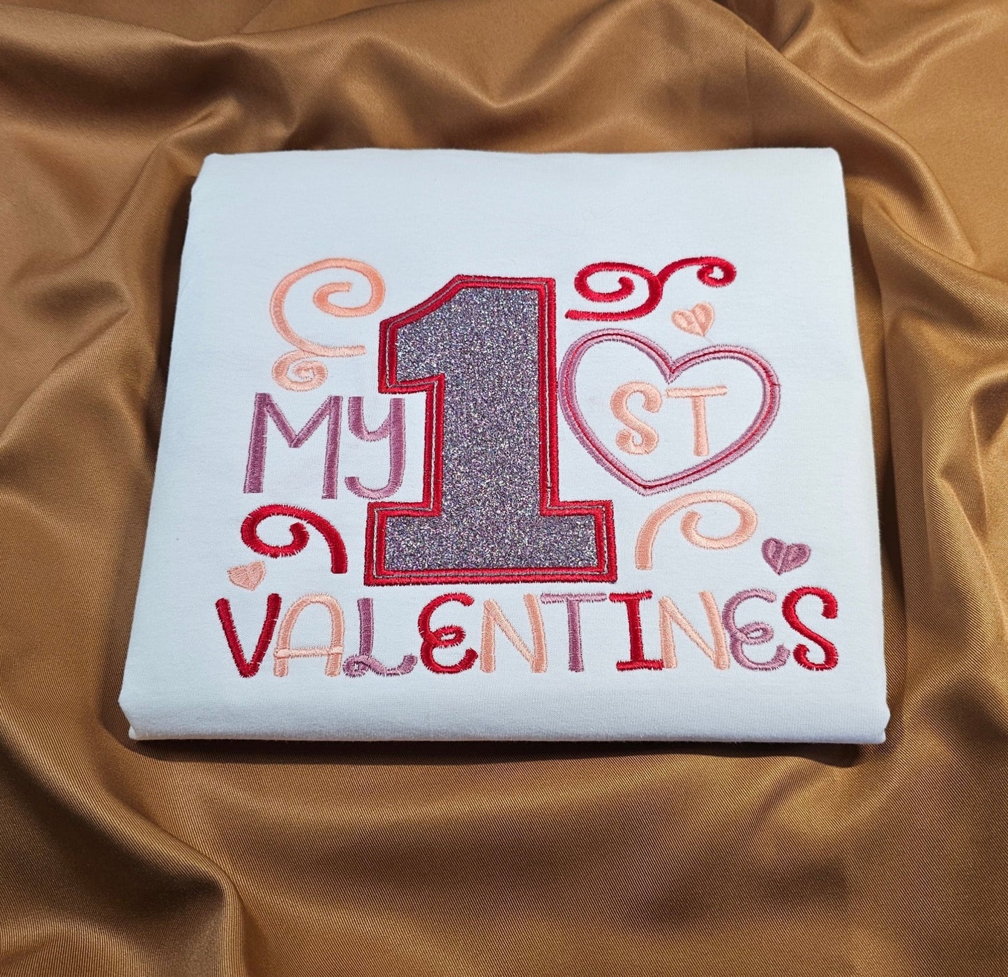 My 1st Valentines t-shirt with Glitter Applique t-shirt - Pine Needle Embroidery