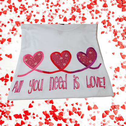 All You Need is Love! Triple Heart Applique t-shirt - Pine Needle Embroidery