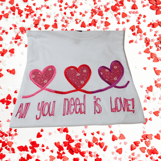 All You Need is Love! Triple Heart Applique t-shirt - Pine Needle Embroidery