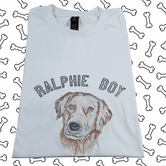 Labrador "Ralphie Boy" portrait with name t-shirt - Pine Needle Embroidery