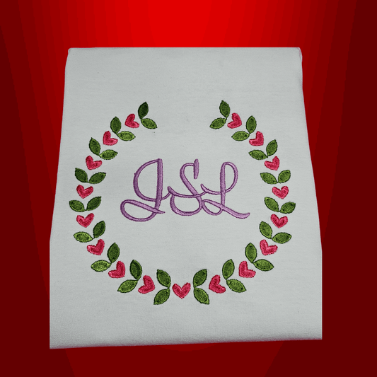 Laurel Heart Wreath t-shirt with Monogram t-shirt - Pine Needle Embroidery