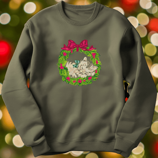 Sleeping Kitty in Wreath w/Bow Christmas Sweatshirt - Pine Needle Embroidery
